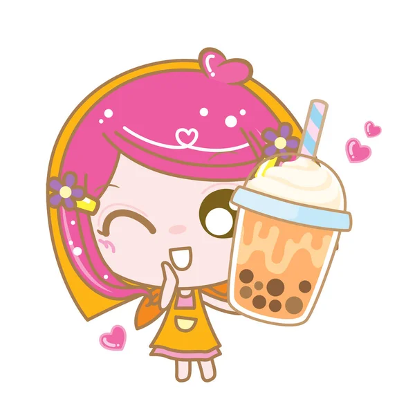 Carattere Cartoon Love Boba Bubble Milk Tea Latte Perla Bevande — Vettoriale Stock