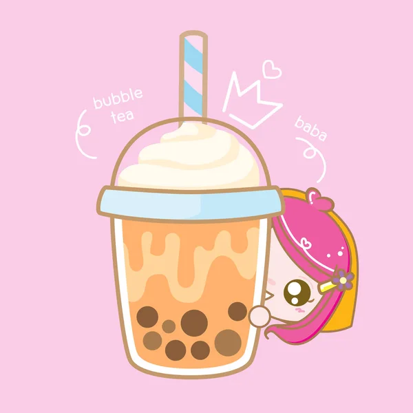 Carattere Cartoon Love Boba Bubble Milk Tea Latte Perla Bevande — Vettoriale Stock