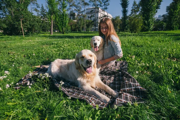 Девушка с двумя золотыми собаками-ретриверами в парке — стоковое фото