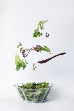 Mix yapraklı sebze salatası yeşil mor marul cam kase yüksek uçan düşüyor 