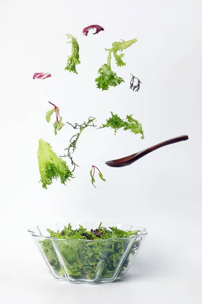 Mix leafy vegetable salad green purple lettuce glass bowl elevated flying dropping