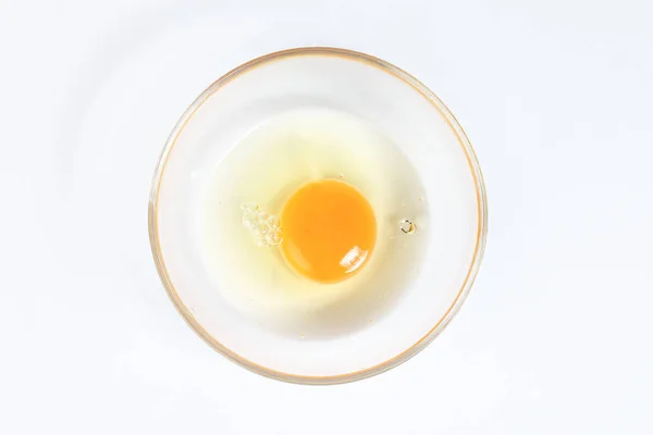 Raw Egg Yolk White Liquid Transparent Glass Bowl White Background — Stock Photo, Image