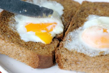 Kahverengi kepekli brad tost üzerine haşlanmış kızarmış yumurta 