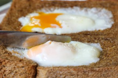 Kahverengi kepekli brad tost üzerine haşlanmış kızarmış yumurta 