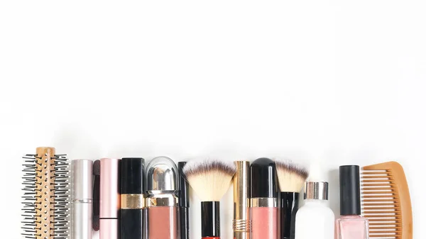 Skönhet Makeup Ansikte Hår Tillbehör Kosmetolog Konstnär Vit Bakgrund Kopiera — Stockfoto