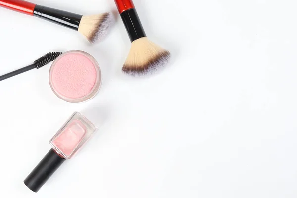 Skönhet Makeup Ansikte Hår Tillbehör Kosmetolog Konstnär Vit Bakgrund Kopiera — Stockfoto