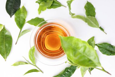 Farklı tipte taze yeşil çay yaprağı tomurcuğu şeffaf cam çay fincanı çay fincanının üzerine yükselip beyaz arka plan manzarasına düşer.