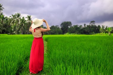Kırmızı elbiseli güzel bir kadın hasır şapkaya dokunuyor. Kız tipik Asya yamacında pirinç tarlasıyla dağ şeklinde yeşil çağlayan pirinç tarlalarıyla yürüyor. Ubud, Bali, Endonezya.