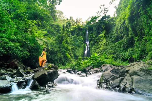 şelale duvarının yakınında sarı elbiseli güzel kadın