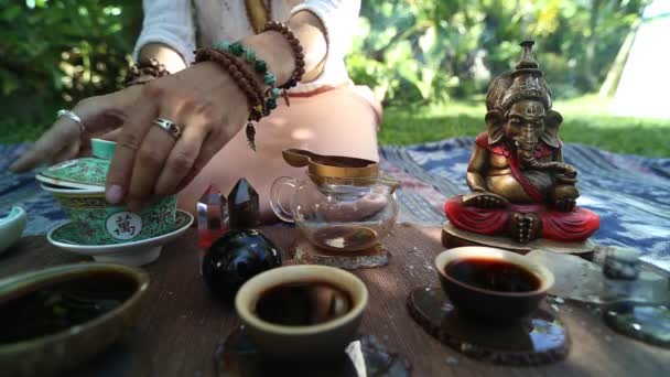 Чайная церемония в саду, чай мастер-женщина делает чай. Выливание чая в сад — стоковое видео