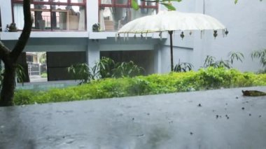 Tropik yaz yağmuru, yüzme havuzuna düşen yağmur damlaları. Doğa ve çevre kavramı