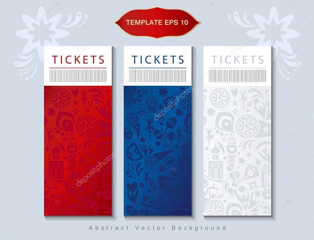 Football 2018 Russia World Cup soccer Abstract football tournament tickets set background, dynamic texture banner. Russia 2018 football Vector world cup competition. Championship soccer wallpaper, Russian folk decorative elements pattern. Soccer ball