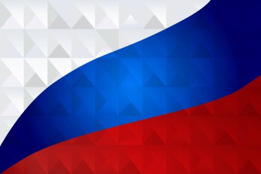 Dünya Kupası Futbol Turnuvası Rus bayrağı, üç renkli beyaz, mavi, kırmızı çizgili pankart konsepti soyut desenli sanat mozaiği üç renkli, ulusal, vatansever, spor unsurları, gol, futbol topu, ödül kupası vektör şablonu 2024