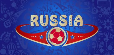 Futbol 2018 Rusya Dünya Kupası soyut futbol turnuvası ana başlık. Rusya metin logo davet hoşgeldiniz. 2018 futbol vektör Dünya Kupası yarışması. Şampiyonluk futbol duvar kağıdı, Rus folk unsurları desen. Futbol topu, ödül, hedef simgesi t gömlek