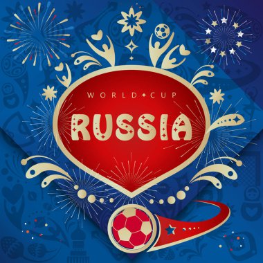 Futbol 2018 Rusya Dünya Kupası Soyut Futbol Turnuvası afişi. Rusya 'ya hoşgeldiniz. Mesaj logosu davetiyesi. 2024 futbol dünya kupası yarışması. Şampiyonluk futbol duvar kâğıdı, Rus halk unsurları deseni. Futbol topu, ödül, gol ikonu tişörtü