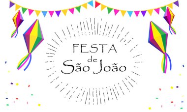 Brezilya Geleneksel Kutlama Festivali Sao Joao 'lu Junina. Porto Portekiz 'den Aziz John yaz festivali Brezilya metni. Karnaval maskeli balo afişi, konfeti, bayraklar, süslü süslemeler. Portekiz Geleneksel Müzik, Dans, Havai fişekler, Oyun 2025