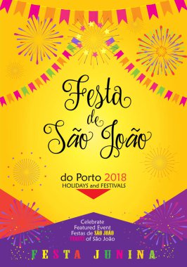 Brezilya Geleneksel Kutlama Festivali Sao Joao 'lu Junina. Porto Portekiz 'den Aziz John yaz festivali Brezilya metni. Karnaval maskeli balo afişi, konfeti, bayraklar, süslü süslemeler. Portekiz Geleneksel Müzik, danslar, havai fişekler, 2024 oyunu