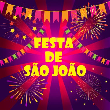 Brezilya Geleneksel Kutlama Festivali Junina. Porto Portekiz 'den Aziz John yaz festivali Brezilya metni. Karnaval, maskeli bayrak, konfeti fener çelengi şenlik dekorasyonu. Portekiz Geleneksel Müzik Dansı, Havai fişek, Oyun 2024