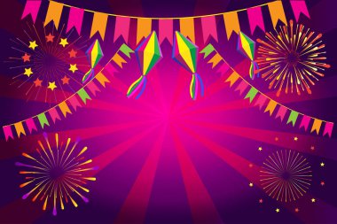 Brezilya Geleneksel Kutlama Festivali Junina. Porto Portekiz 'den Aziz John yaz festivali Brezilya metni. Karnaval, maskeli bayrak, konfeti, çelenk, şenlik dekorasyonu. Portekiz Geleneksel Müzik Dansı, Havai fişek, Oyun 2024