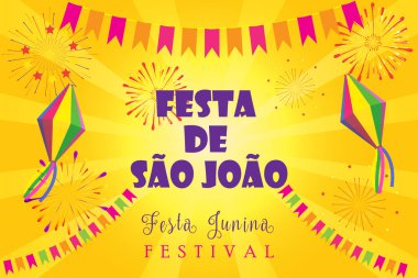 Brezilya Geleneksel Kutlama Festivali Sao Joao 'lu Junina. Porto Portekiz 'den Aziz John yaz festivali Brezilya metni. Karnaval maskeli balo afişi, konfeti, bayraklar, süslü süslemeler. Portekiz Geleneksel Müzik, danslar, havai fişekler, 2024 oyunu
