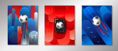 Futbol 2018 Rusya Dünya Kupası soyut futbol turnuvası arka plan, dinamik, set afiş. Rusya 2018 futbol vektör Dünya Kupası Yarışması. Şampiyonluk futbol broşür duvar kağıdı, Rus halk dekoratif desen. Futbol topu, ödül, hedef simgesi