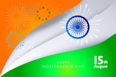 Mutlu bağımsızlık günü 15 Ağustos, Hindistan tatil, yazı, kaligrafi tebrik kartı. Hint bayrak rengi, havai fişek, konfeti, dekorasyon, olay festival davetiyesi. Fütüristik arka plan, kağıt sanat 3d, kağıt tarzı kesti. Modern vektör