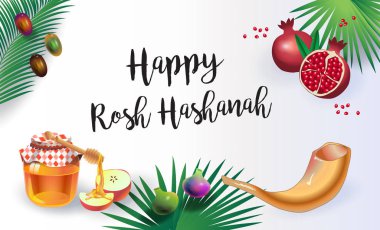 Mutlu Rosh Hashanah tebrik kartı - Yahudi yeni yılı. Metin 'Shana Tova!' İbranice üzerinde-tatlı bir yıl var. Bal ve elma, shofar, nar, vintage Tevrat kaydırma. Rosh hashana, sukkot sembolleri. Hasat Yahudi tatil İsrail Kudüs Festivali, sonbahar,