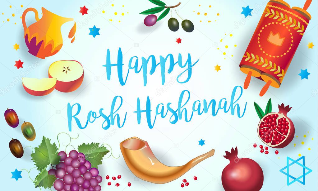 Happy Rosh Hashanah greeting card - Jewish New Year. Text `Shana Tova!` on Hebrew - Have a sweet year. Honey and apple, shofar, pomegranate, vintage Torah scroll. Rosh hashana, sukkot symbols. Jewish Holiday Israel Jerusalem festival, autumn, harvest