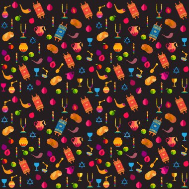 Rosh Hashanah desen Yahudi yeni yılı - Shana Tova, geleneksel semboller izole. Bal ve elma, shofar, nar, vintage Tevrat simgeler kümesi. Rosh hashana, sukkot festival İsrail tatil kartı arka plan seamless modeli, sukkah dekorasyon vektör