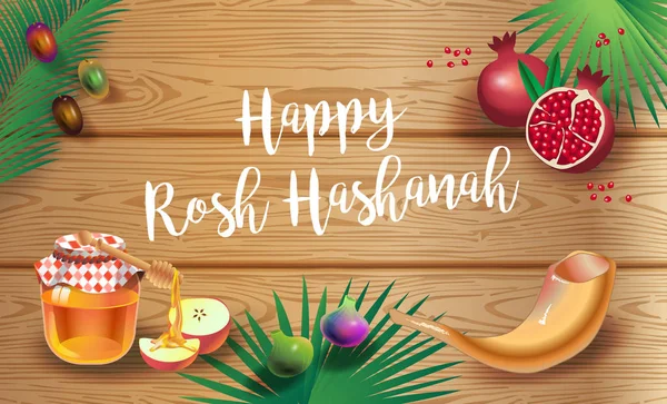Rosh 新年贺卡 快乐的犹太新年 夏娜沙娜托娃 蜂蜜和苹果 羊角号 Rosh Hashana 住棚节节以色列节日 木材背景 — 图库矢量图片