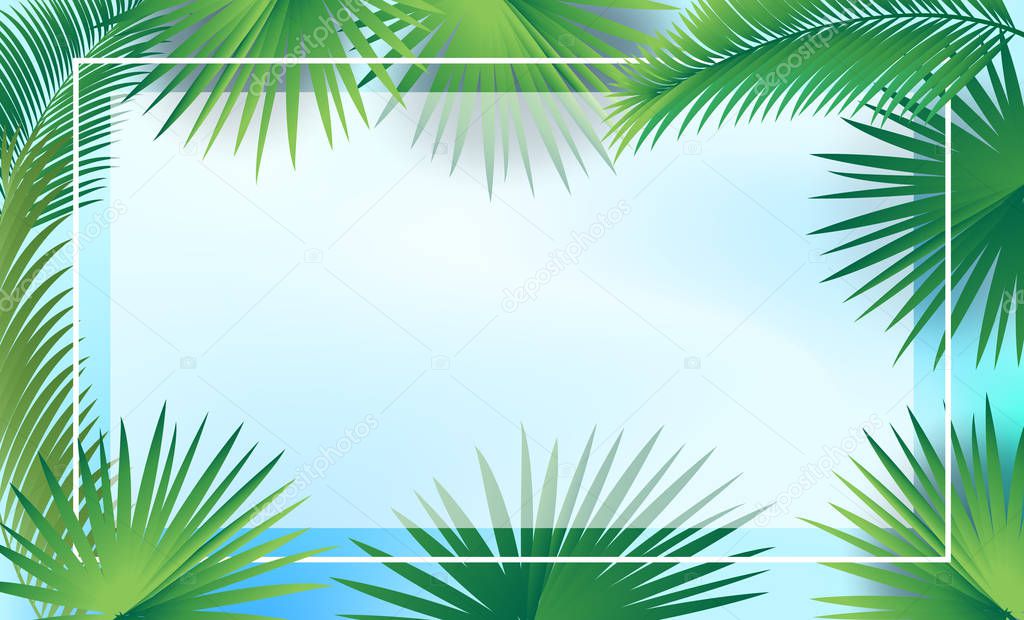 Sukkot and Rosh hashanah festival palm tree green leaves frame on light blue sky  background. Rosh hashana sukkot festival Israel Holiday decorative greenery foliage leafs border. Sukkah green palm leafs decoration vector template with place for text