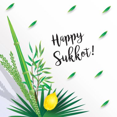 Sukkot Festival tebrik kartı İbranice metinle - mutlu Sukkot! Lulav, etrog, shofar, palmiye ağacı yaprakları çerçeve. Moda tasarım Yahudi tatil Rosh Hashana Shana Tova, Sukkot, Yom Kippur, İsrail Kudüs festival dekoratif yeşil yeşillik sınır yapraklar