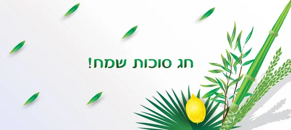 Happy Sukkot Festival Hebräischer Text Grußkarte Lulav Etrog Shofar Palmblätter — Stockvektor