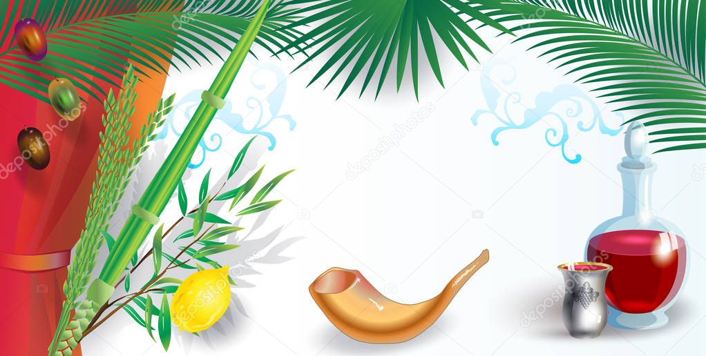 Happy Sukkot Festival greeting card frame with Lulav, etrog, shofar, palm tree leaves frame. Trendy design Jewish Holiday Rosh Hashana Shana Tova, Sukkot, Yom Kippur, Israel Jerusalem festival Sukkah decoration garlande greenery foliage leafs border