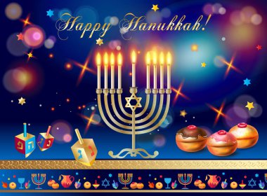 Mutlu Hanuka Kartı Yahudi geleneksel Chanukkah Festivali semboller. Donuts ile Blueberry ve konfeti çikolata sır Happy Hanukkah için pişmiş altın Chanukah Menorah Pyres ve mumlar, ahşap topaç, çörek, Festival bokeh ışıklar arka plan üzerinde