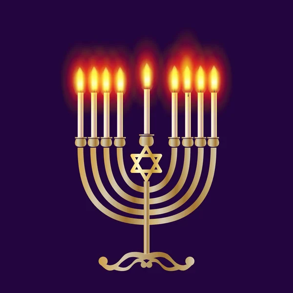 残暑見舞いカード ユダヤ人の休日の伝統的な Chanukkah 祭りのシンボルします 感謝をこめて 灯明祭ゴールド本枝の燭台やお祭りボケ ライト背景にキャンドル ハヌカ本枝の燭台の記号 アイコン シンボル — ストックベクタ