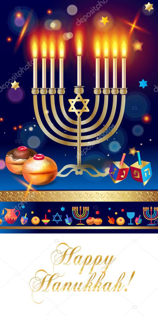 Happy Hanukkah Card Jewish Traditional Chanukkah Festival Symbols. Baked Donuts With Blueberry & Confetti Chocolate Glaze for Happy Hanukkah, Chanukah Gold Menorah candelabrum candles, wood dreidel, doughnuts, on festive bokeh lights background 2023