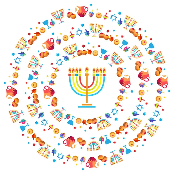 Israël Joodse Vakantiewoningen Hanukkah Wenskaart Traditionele Chanukah Symbolen Houten Dreidel — Stockvector