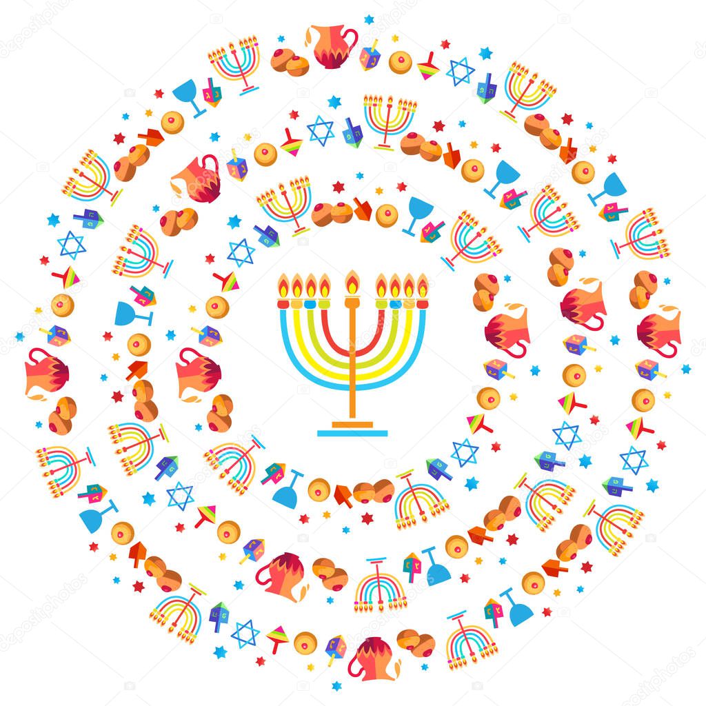 Israel 70 Jewish holiday Hanukkah greeting card traditional Chanukah symbols wooden dreidel spinning top, Hebrew letters, donuts, menorah candles, hanukkiah candelabrum, Israeli blue star David label glowing lights pattern Vector template round frame