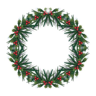 Kırsal kozalaklı Noel Tatil Kartı, böğürtlen, Noel köknar ağacı çelengi & çelengi, Yuvarlak Çerçeve Sembol Vektör sınır çerçevesi metin Moda Tatili dekoratif elementi için beyaz kağıt boş fotokopi alanı