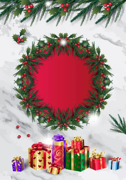 Weihnachten Winter Holiday Grußkarte Mit Rustikalem Tannenzapfen Roten Beeren Tannenbaumkranz — Stockvektor