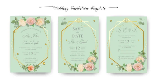 Floral Προσκλητήριο Γάμου Κομψό Πρόσκληση Ευχαριστώ Rsvp Αποθηκεύσετε Την Ημερομηνία — Διανυσματικό Αρχείο