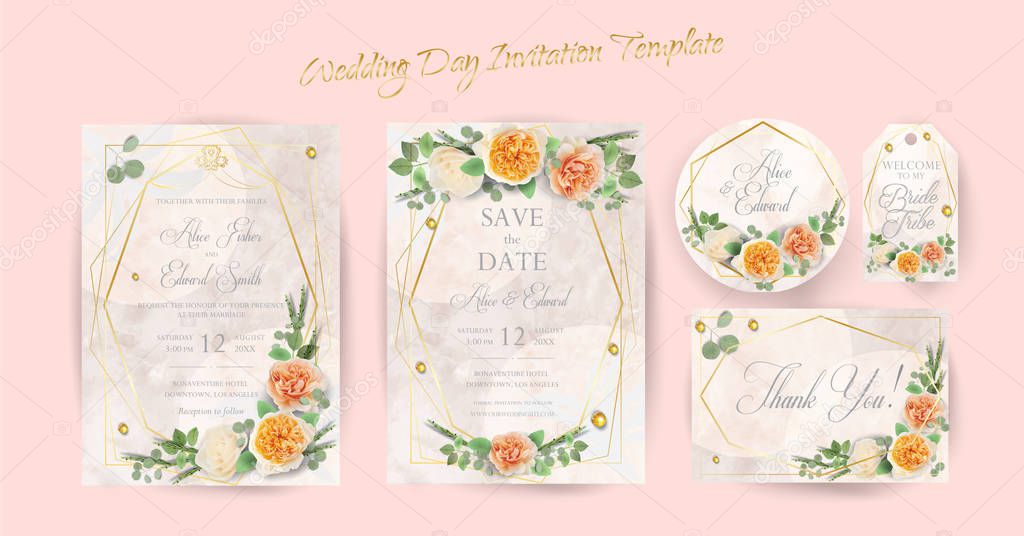 Floral Wedding Invitation elegant invite, thank you, rsvp, Save the Date, Bridal Shower, marriage day, cards template 2023 Design garden flowers pink peach Rose, green Eucalyptus leafs greenery, bouquet gold geometric frame marble background VECTOR