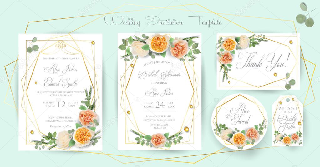 Floral Wedding Invitation elegant invite, thank you, rsvp, Save the Date, Bridal Shower, marriage day, cards template trendy Design garden flowers pink peach Rose, green Eucalyptus leafs greenery, bouquet gold geometric frame 2023 background VECTOR