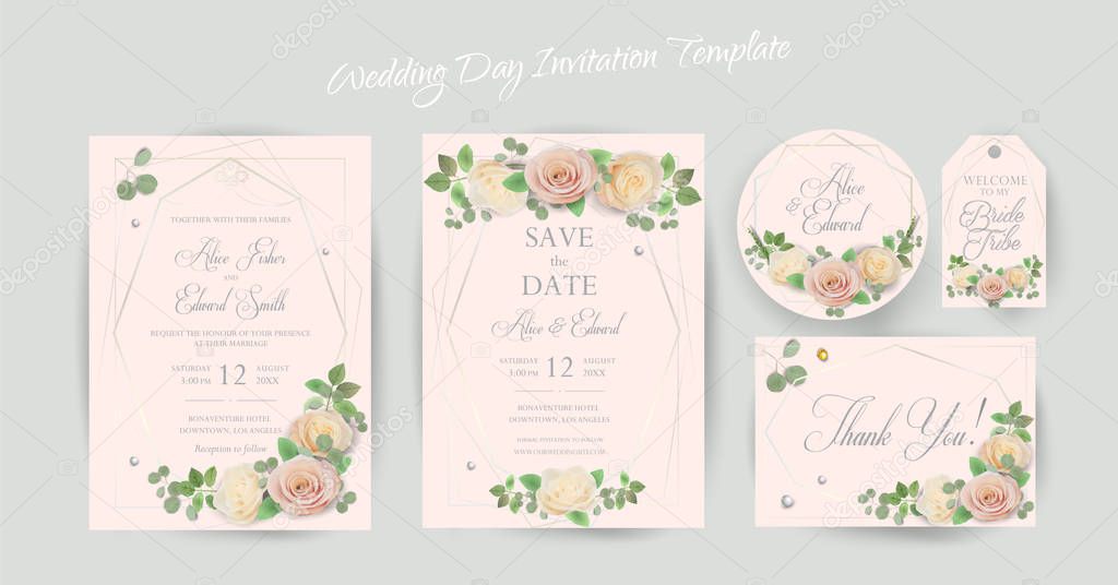 Floral Wedding Invitation elegant invite, thank you, rsvp, Save the Date, Bridal Shower, marriage day, cards template trendy Design garden flowers pink peach Rose, green Eucalyptus leafs greenery, bouquet gold geometric frame marble background VECTOR