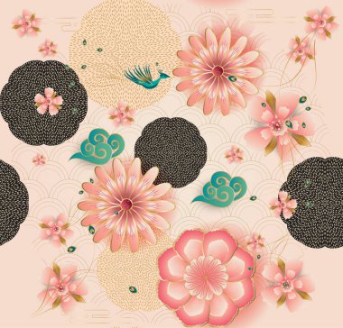 Çiçeksiz klasik desenli, geleneksel ay yılı hediye kartı çiçek desenli şakayık çiçekleri, çiçek sakuraları, fenerler bahar çiçekleri, pavlin, pembe. Mutlu 2024 Çin Yeni Yılı, Şans sembolü kağıt sanat tarzı. Tekstil, şablon, zodyak, Asya, çiçek,