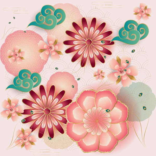 Vintage Motif Floral Sans Couture Traditionnel Lunaire Année Carte Cadeau — Image vectorielle