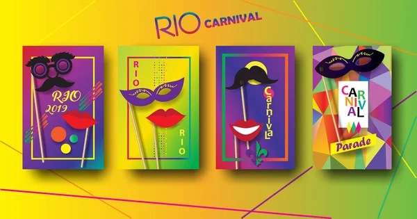 2023 Conjunto Carteles Festivos Rio Carnival Músicos Confeti Fuegos Artificiales — Vector de stock