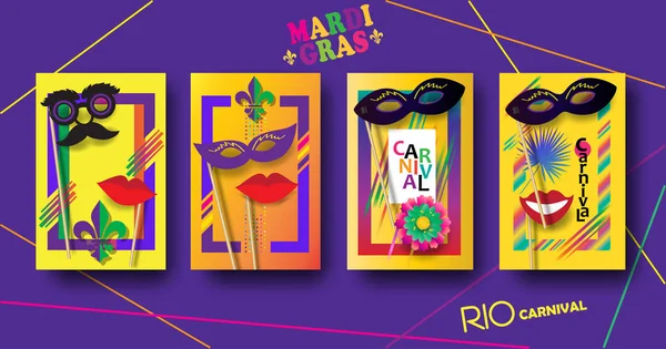2023 Rio Karneval Festliga Affischer Set Musiker Konfetti Fyrverkerier Masker — Stock vektor