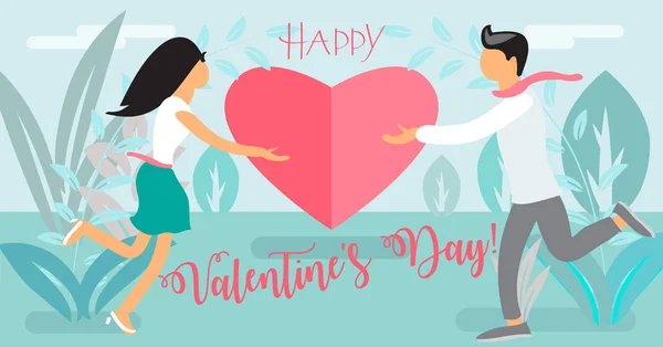 Happy Valentines Day Lettering Floral Background Two People Woman Man — Stock Vector